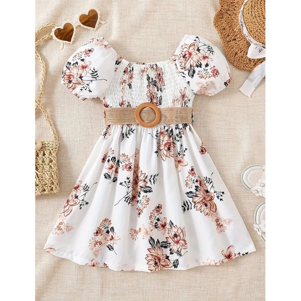 Floral Shirred Puff Sleeves Belted Dress Size 5-6 NWT🌻